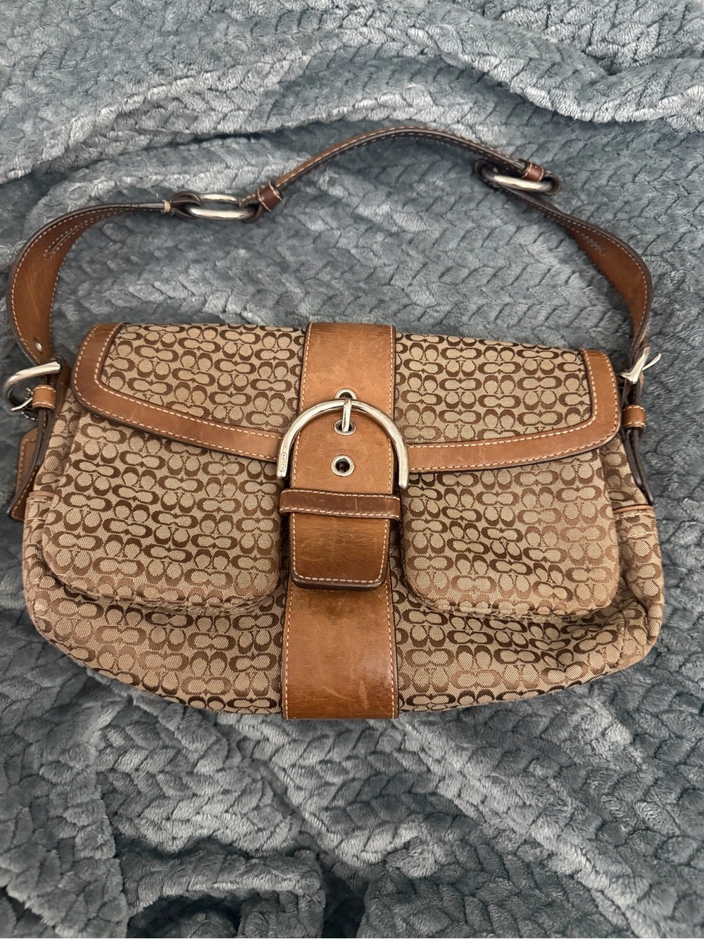 Coach Brown Signature Canvas Shoulder Bag with Leather Trim